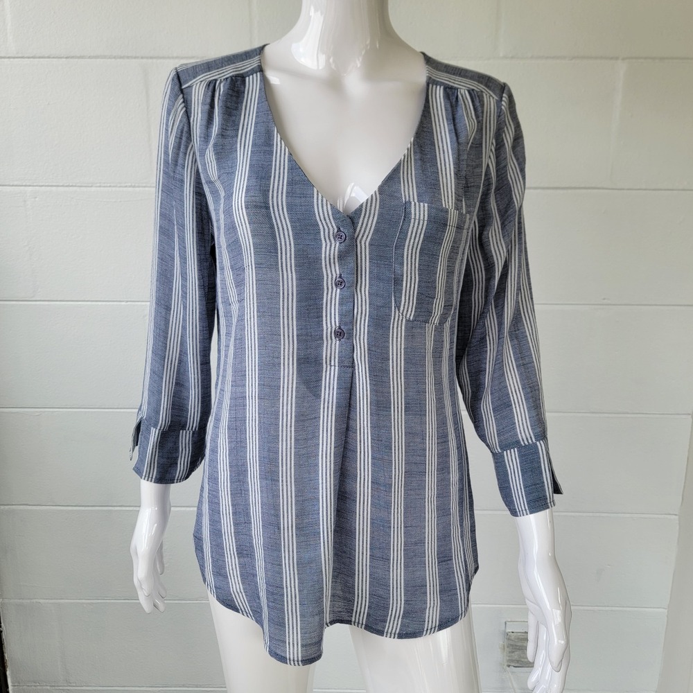 Fred David Striped Blouse Blue White Tunic Women M Coastal Preppy Office Chic